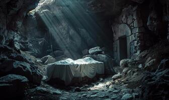 Empty cave. Stone tomb of Jesus Christ. Religion concept. The Biblical Story photo