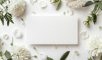 Blank paper card with flower background. Empty mockup letter, clear frame. Vintage love concept, minimal invitation. Copyspace list, wedding decoration on table photo