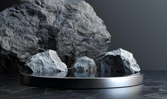 Black stone podium. Rock blank stage, minimal mountain template with copyspace. Dark scene for business presentation. Natural background with display. 3d empty pedestal for mockup photo