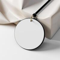 Fashion badge, white empty paper label. Luxury business blank tag. Mockup with copyspace photo