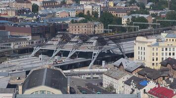 Building Rail Baltica project in the cenetr of Riga. Construction works of roads, railway and bridges in Riga. video