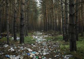 Forest under a layer of garbage. Once a picturesque forest, where the ground is completely covered with household waste photo