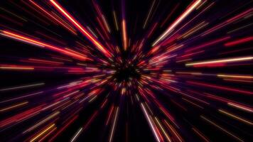 Looped hyperspace jump background with flying through stars. Cosmic animation of glowing streaks. Red, orange and purple lights screensaver for science fiction and space travel. Seamless loop 4K 60fps video