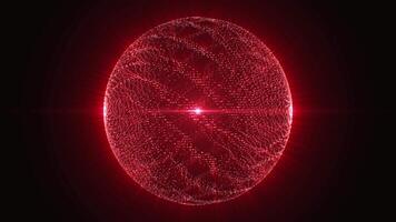 Abstract red energy ball with wavy ripple of particles on a surface and bright shine effect. Glowing transparent sphere background for atom nucleus or molecule visualization. Seamless vj loop 4K 60fps video