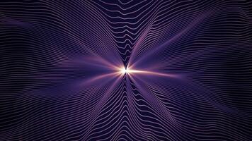 Looped abstract background with smooth wavy strings and bright shiny light in a center. Flowing purple and yellow glow pattern for science, technology and art performance. Seamless vj loop , 4K 60 fps video