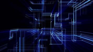 Futuristic background with transparent blue digital patterns and bright glow effect. Three dimensional animation with flying through cyber space with geometric shapes. Technology screensaver 4K 60 fps video