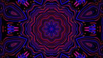 Flower shaped futuristic mandala with neon patterns made of glowing lines on a dark background. Psychedelic kaleidoscope with bright red and blue light for music festival and art performance. 4K 60fps video