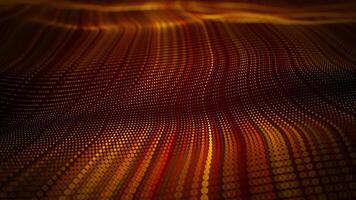 Abstract golden waves made of stripped lines of particles with bright shine effect on a dark background. Elegant wavy field of glowing dots for computer science, digital art and technology. 4K 60fps video