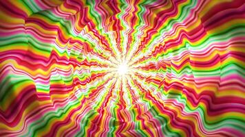 Seamless loop background with colorful wavy tunnel made of psychedelic stripes patterns with shiny light. Bright abstract corridor with hypnotic liquid line waves and glow effect. Looped 4K 60 fps video