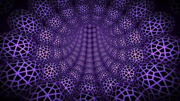 Surreal dark purple tunnel made of randomly spinning fractal spheres with moving camera effect. Mysterious corridor background for sci fi , digital technology and abstract art performance , 4K 60fps video