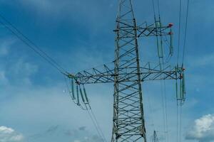 High voltage towers with sky background. Power line support with wires for electricity transmission. High voltage grid tower with wire cable at distribution station. Energy industry, energy saving photo