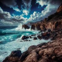 Beautiful coastline landscape, Majestic cliff and wave create extreme terrain generated by AI, Scenic view of sea against clear sky. photo