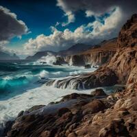 Beautiful coastline landscape, Majestic cliff and wave create extreme terrain generated by AI, Scenic view of sea against clear sky. photo