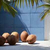 Tropical fruits studio composition, Tropical fruits composition, A blue wall with palm trees and pots on it photo