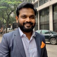 Portrait of attractive pensive man in checkeret blazer and sunglasses. Red and blue lights. Medium shot smiley man posing, Photo young smart indian businessman smiling face standing in blur backgro