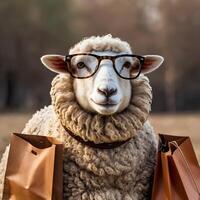 Portrait of sheep with cool sunglasses, Crowd cool sheep, Portrait of sheep as businessperson, Eid mubarak Eid al Adha poster trendy sheep wearing glasses copy space eid ad banner photo