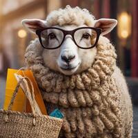 Portrait of sheep with cool sunglasses, Crowd cool sheep, Portrait of sheep as businessperson, Eid mubarak Eid al Adha poster trendy sheep wearing glasses copy space eid ad banner photo
