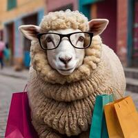 Portrait of sheep with cool sunglasses, Crowd cool sheep, Portrait of sheep as businessperson, Eid mubarak Eid al Adha poster trendy sheep wearing glasses copy space eid ad banner photo