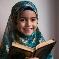 A girl is sitting on the floor reading a holy Quran, A girl holding a AlQuran book that says a on it, Arabic little Girl with lantern and gentle smile, A woman reading a book with the word. photo