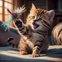 A kitten with blue eyes and a blue eye, Cute kitten sitting outdoors playful and staring at toy generated by artificial intelligence, Close up on kitten walking indoors, photo