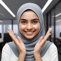 Portrait of Professional Woman Business Executive in Modern Office Setting, Woman in a hijab holding a tablet computer and smiling , Smiling Female IT Expert in Casual Shirt and Hijab photo