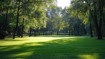 Sunny park with green lawn surrounded by tall trees in the afternoon photo