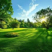 Sunny park with lush green lawns and trees during the day photo