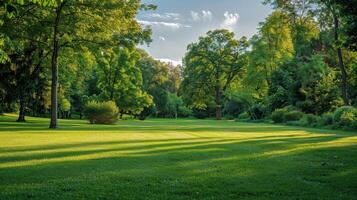 Lush green park with expansive lawn and tall trees in afternoon light photo