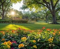 Lush park with colorful flowers and sunlight streaming through trees photo