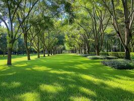 Lush green park with shaded paths and vibrant lawn under clear skies photo