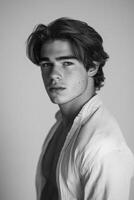Young man posing in black and white portrait with soft expression photo