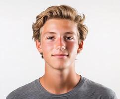 Young male portrait with light background at indoor studio setting photo