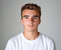 Young man with neutral expression posing against a plain background photo