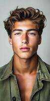Young man with tousled hair poses casually against a plain backdrop photo