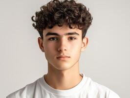 Young man with curly hair poses against a neutral background photo