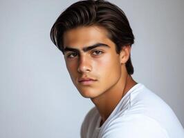 Young man with dark hair poses for a close-up portrait indoors photo