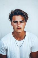 Young man with stylish hair and necklace poses against a plain background photo