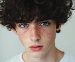 Young boy with curly hair and freckles gazes directly at the camera photo