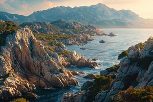 Rocky coastline at sunset with mountains in the background photo
