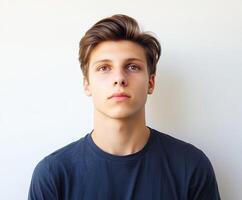 Young man with medium brown hair poses against white background photo