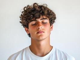 Young man with curly hair meditating against a plain background photo