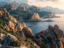 Rocky coastline with mountains at sunset in a coastal landscape photo