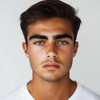 Young man with striking features and captivating gaze indoors photo