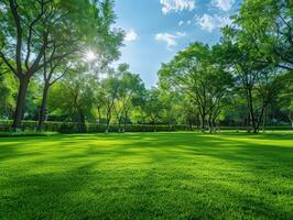 Lush green lawn in a serene park under a bright sky photo