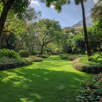 Lush green lawn in a peaceful park surrounded by trees photo