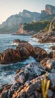 Rocky coastline with mountains at sunset in a coastal paradise photo