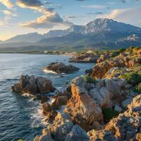 Sunset over rocky coastline with mountains in the background photo