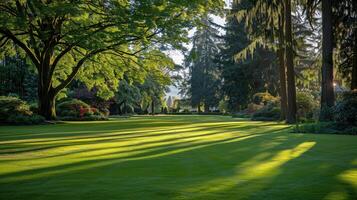 Lush green park with expansive lawn and dappled sunlight in the afternoon photo