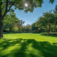 Lush green park with vibrant lawn and sunlight peeking through trees photo