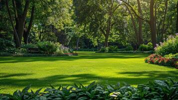 Lush green lawn in a serene park during late afternoon sunlight photo
